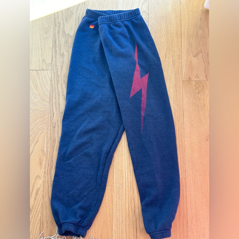Aviator Nation navy jogger sweatpants with pink bolt. Size S